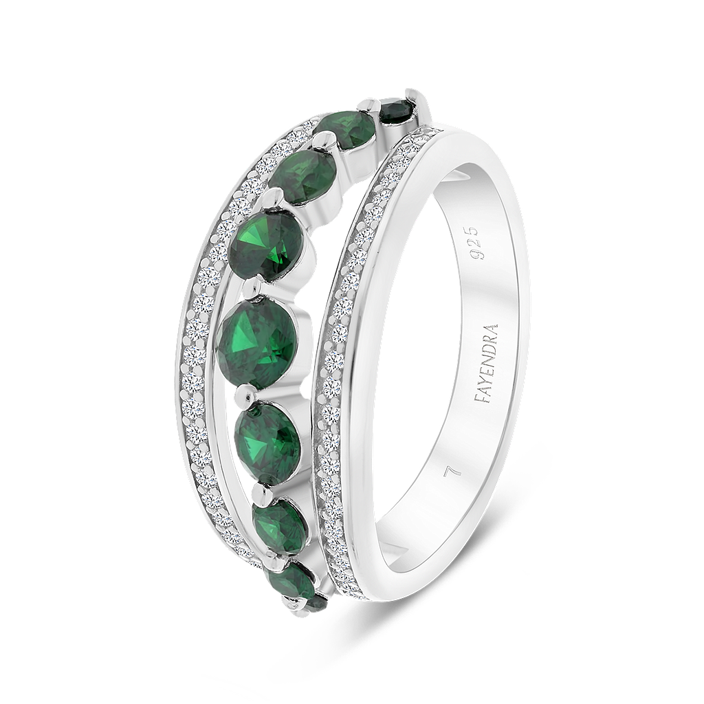 Sterling Silver 925 Ring Rhodium Plated Embedded With Emerald