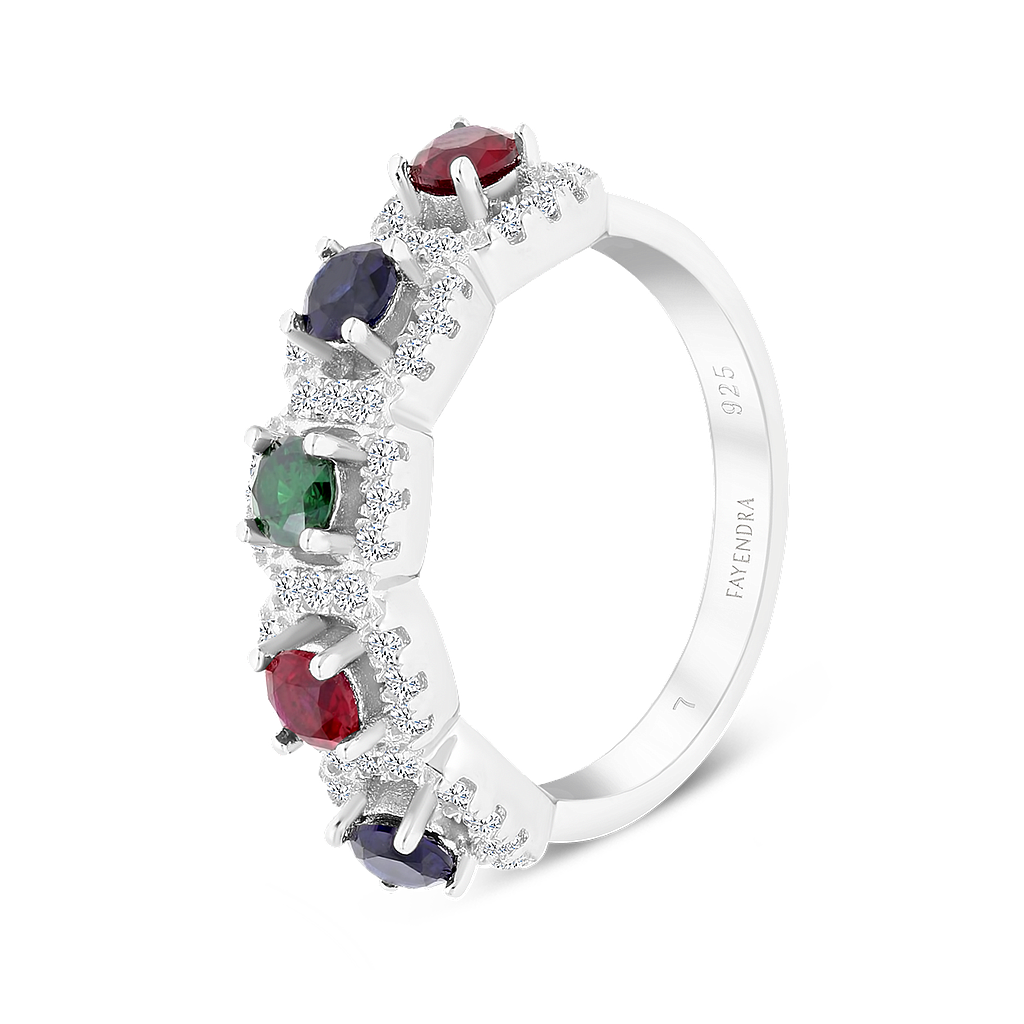 Sterling Silver 925 Ring Rhodium Plated Sapphire Corundum , Ruby Corundum , Emerald Zircon