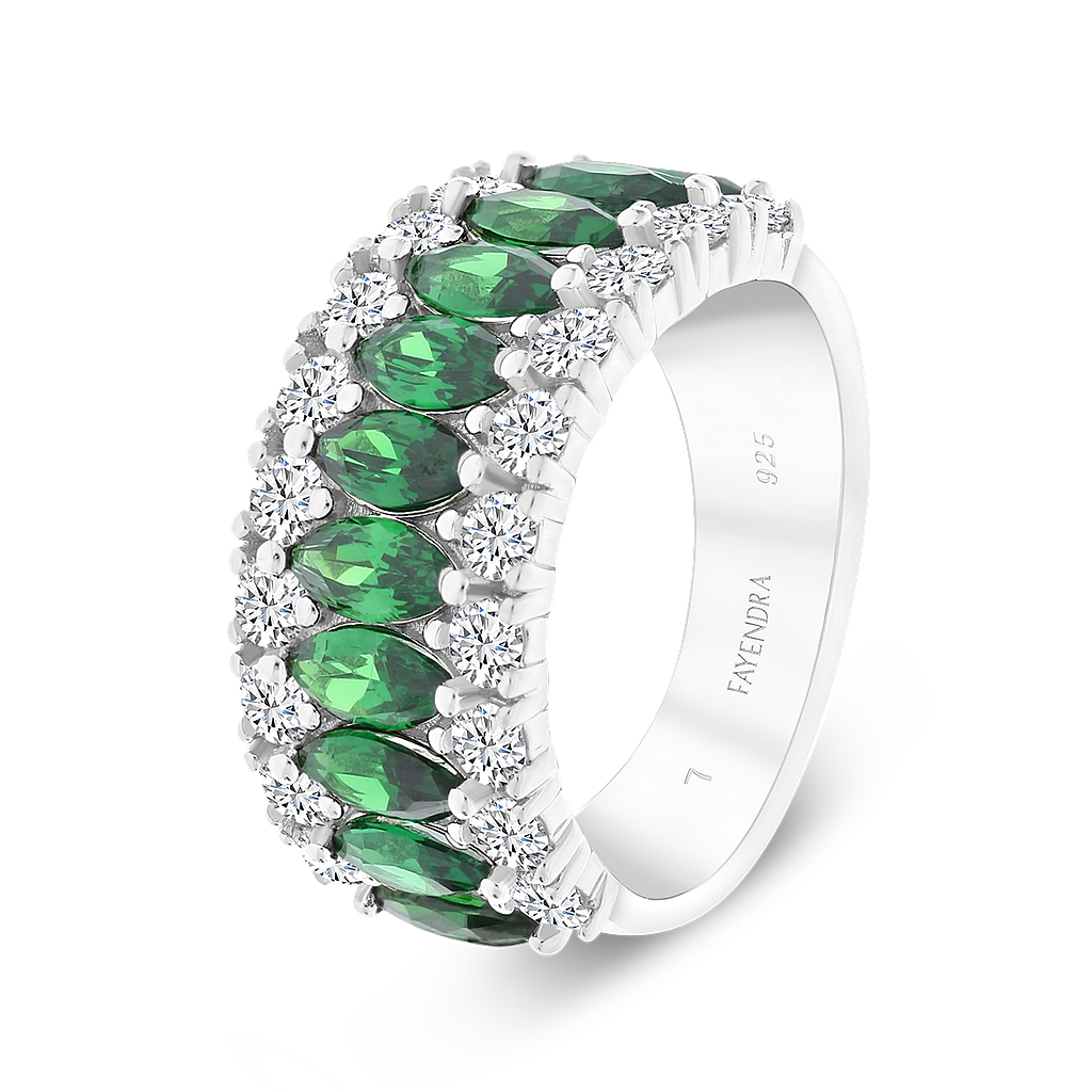 Sterling Silver 925 Ring Rhodium Plated Embedded With Emerald