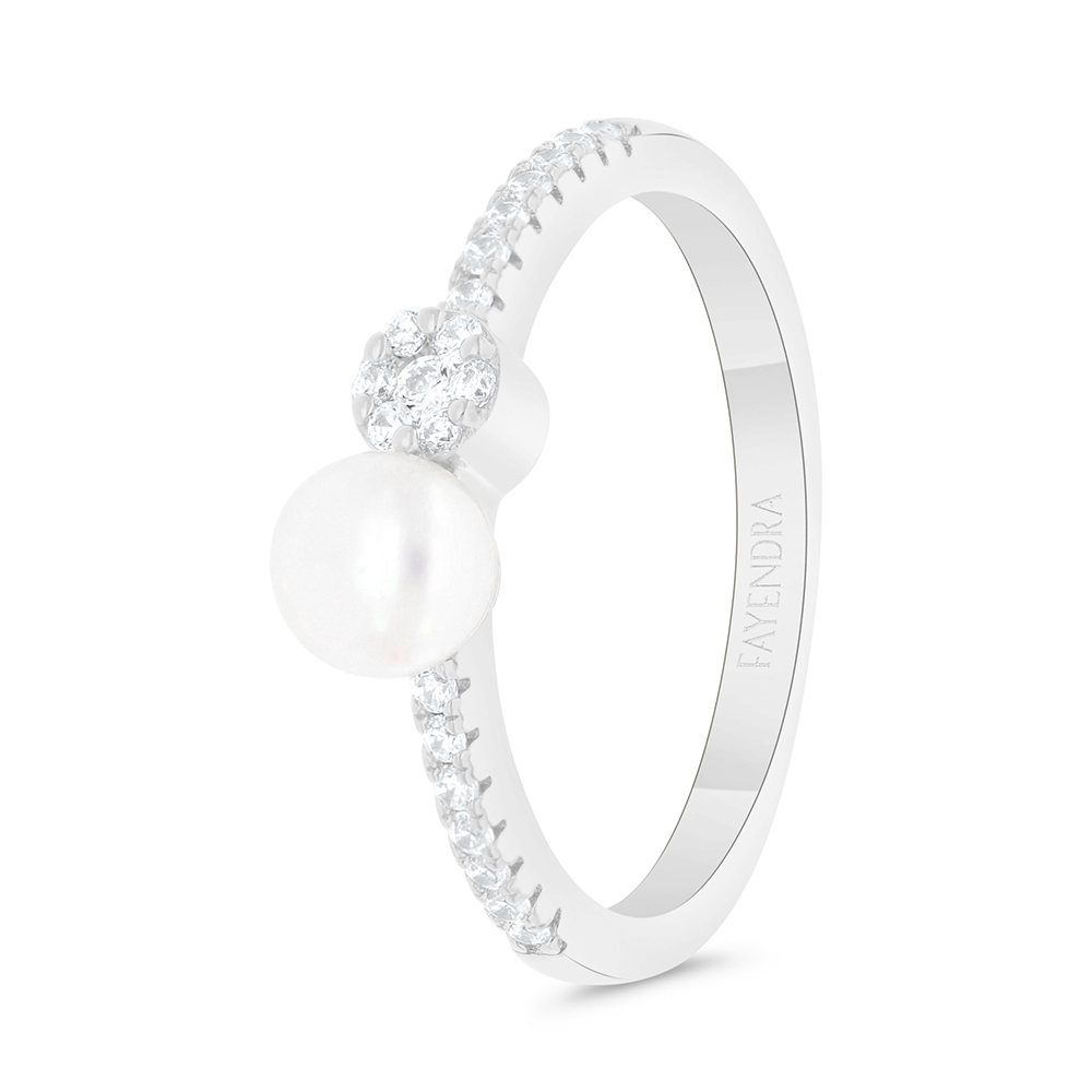 Sterling Silver 925 Ring Rhodium Plated Embedded With Natural White Pearl And  White Zircon 