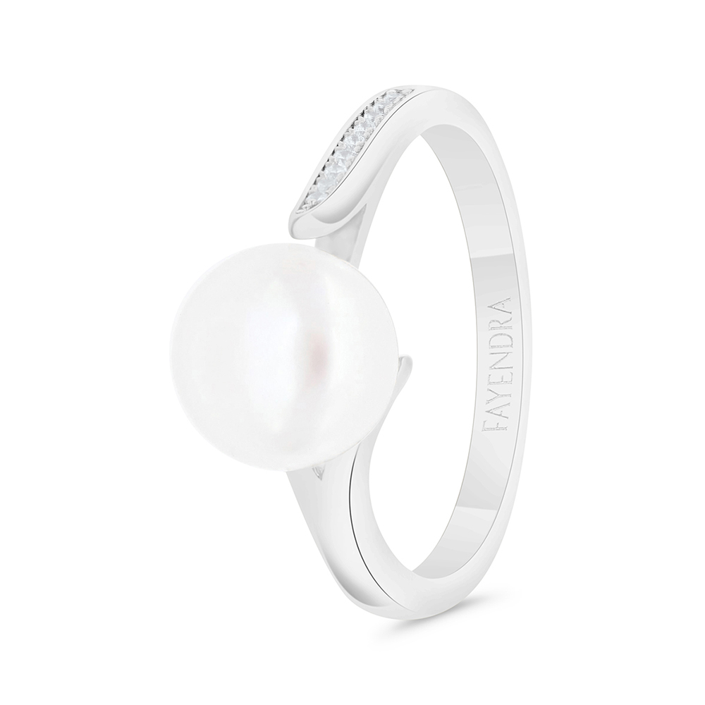 Sterling Silver 925 Ring Rhodium Plated Embedded With Natural White Pearl And  White Zircon 