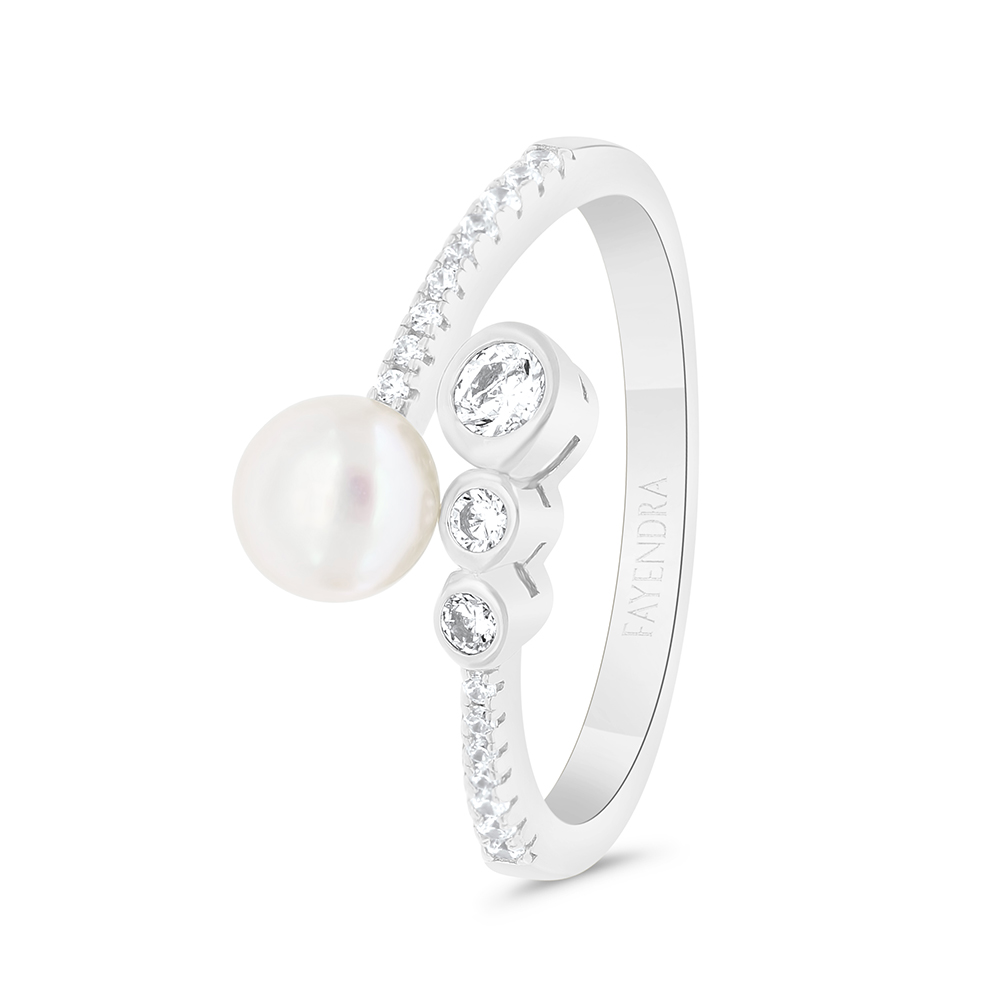 Sterling Silver 925 Ring Rhodium Plated Embedded With Natural White Pearl And White Zircon