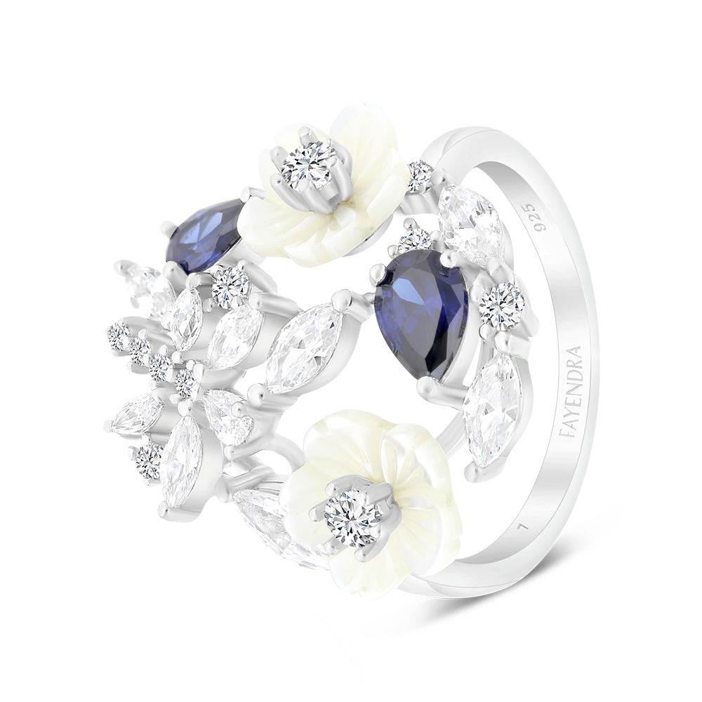 Sterling Silver 925 Ring Rhodium Plated Natural White Shell Tanzanite