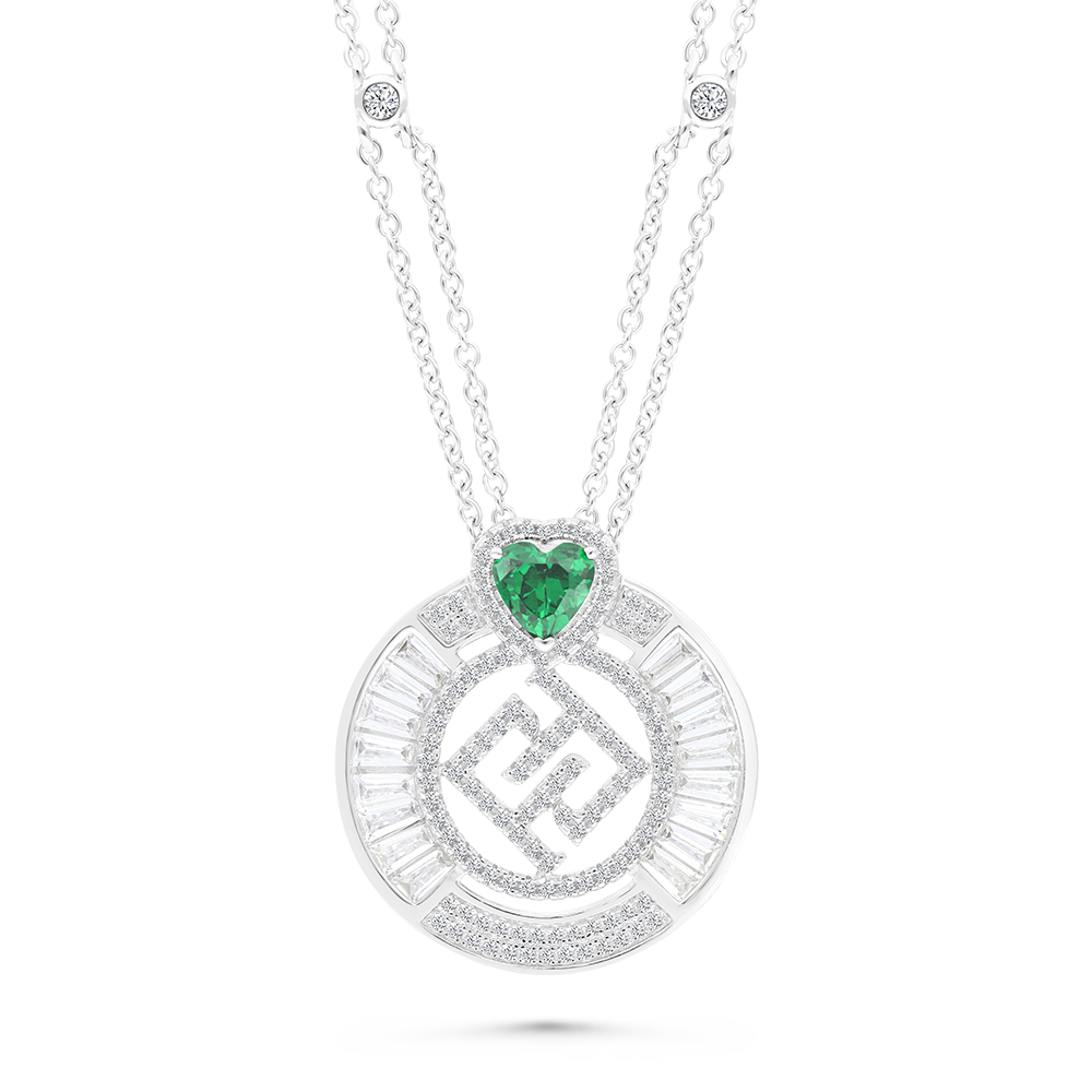 Sterling Silver 925 Necklace Rhodium Plated Embedded With Emerald