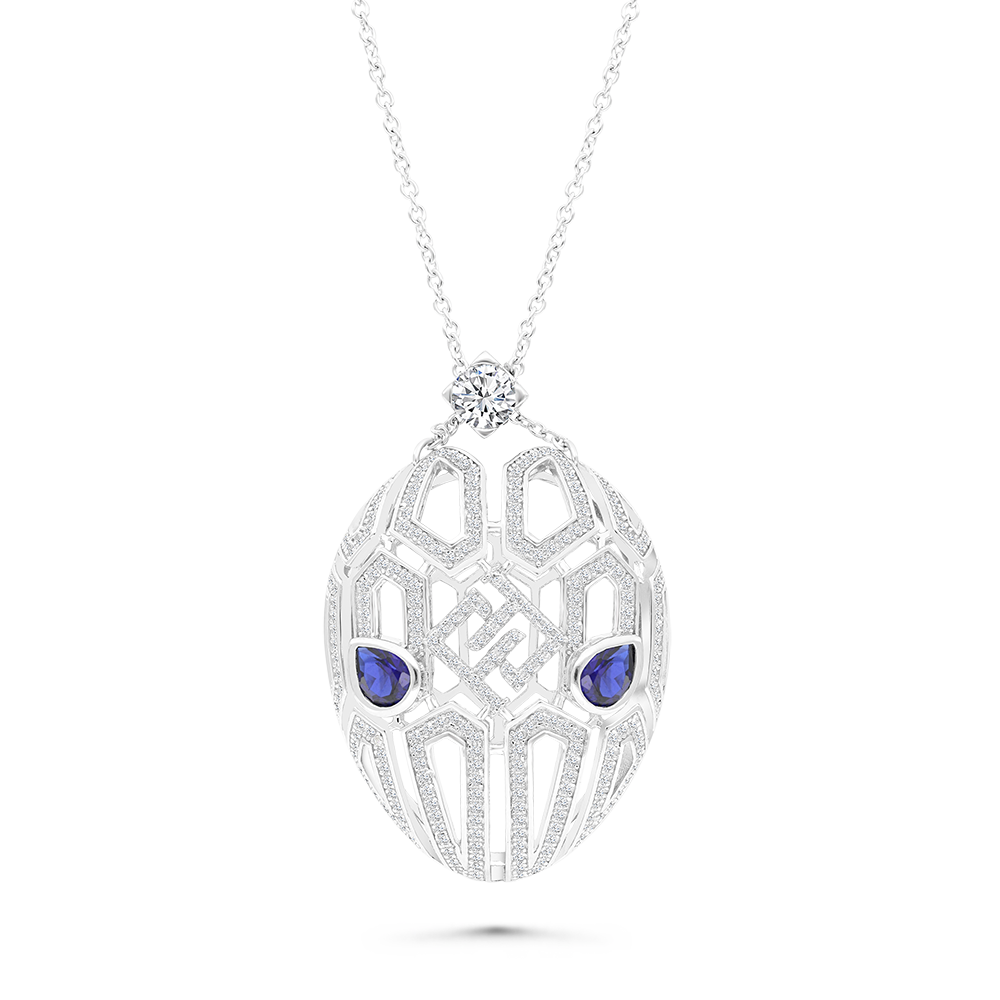 Sterling Silver 925 Necklace Rhodium Plated Sapphire Corundum