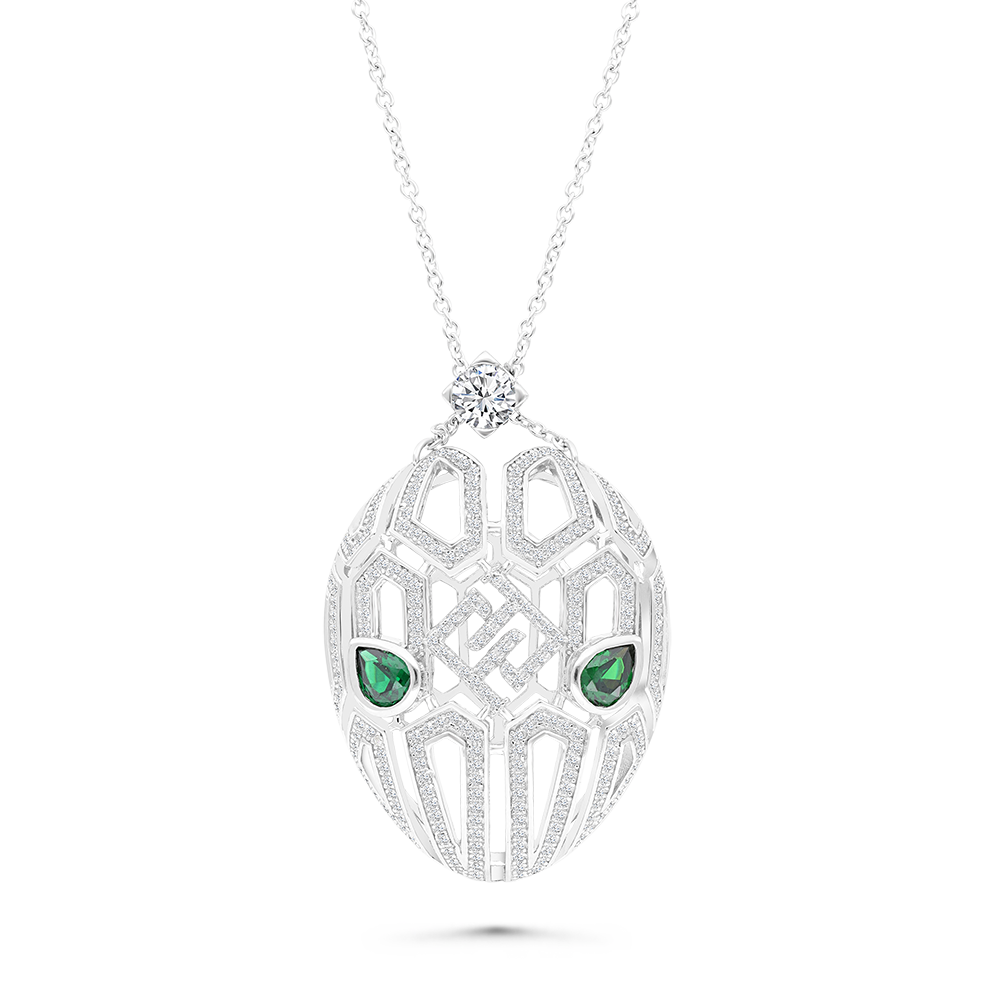 Sterling Silver 925 Necklace Rhodium Plated Embedded With Emerald