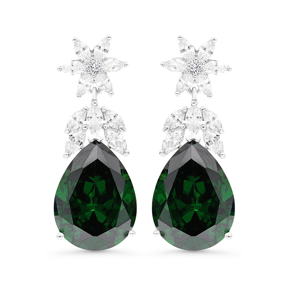 Sterling Silver 925 Earring Rhodium Plated Embedded With Emerald