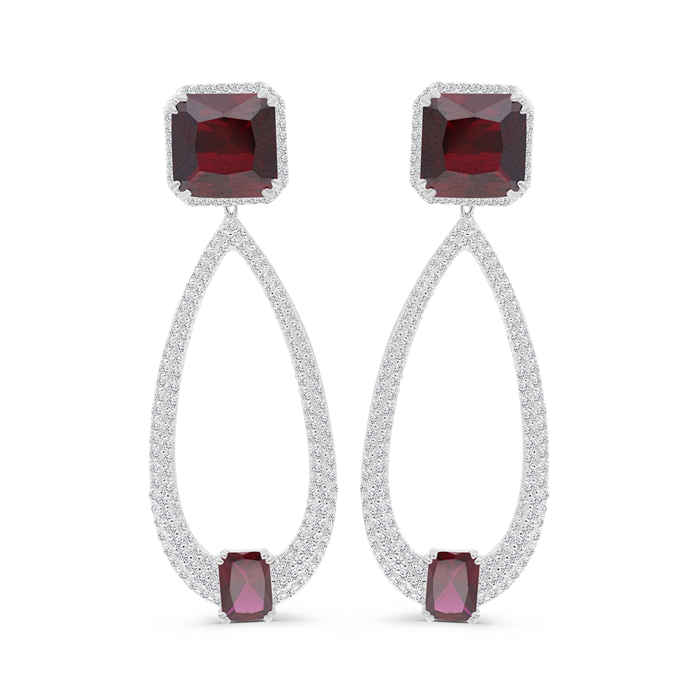 Sterling Silver 925 Earring Rhodium Plated Embedded With Ruby Corundum