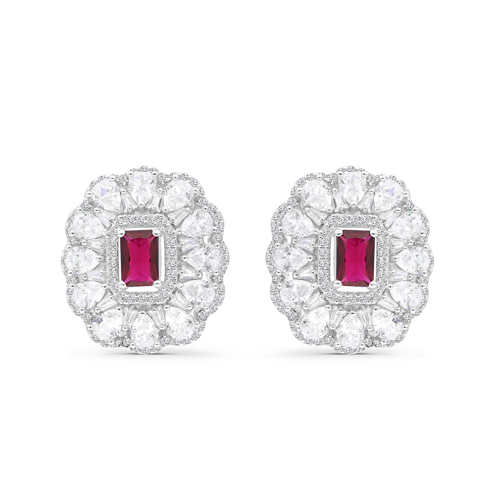 Sterling Silver 925 Earring Rhodium Plated Embedded With Ruby Corundum