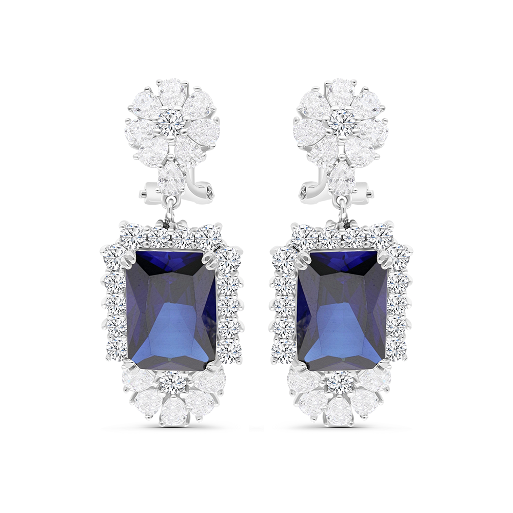 Sterling Silver 925 Earring Rhodium Plated Embedded With Sapphire Corundum