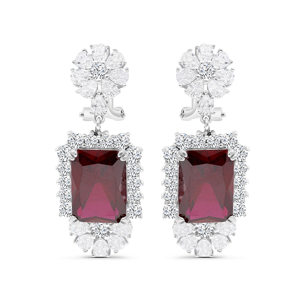 Sterling Silver 925 Earring Rhodium Plated Embedded With Ruby Corundum