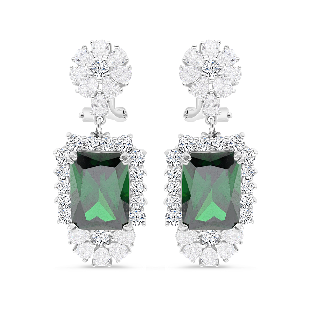 Sterling Silver 925 Earring Rhodium Plated Embedded With Emerald