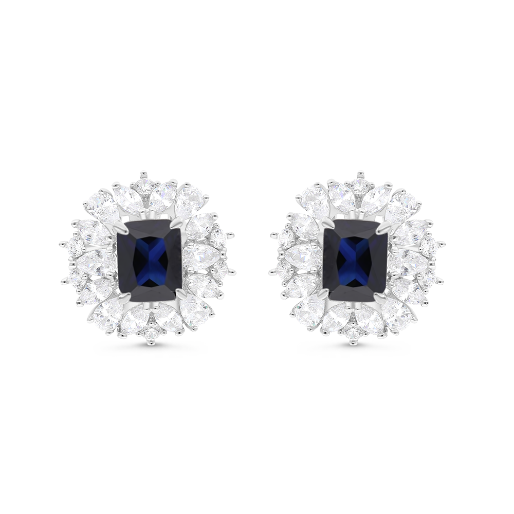 Sterling Silver 925 Earring Rhodium Plated Embedded With Sapphire Corundum