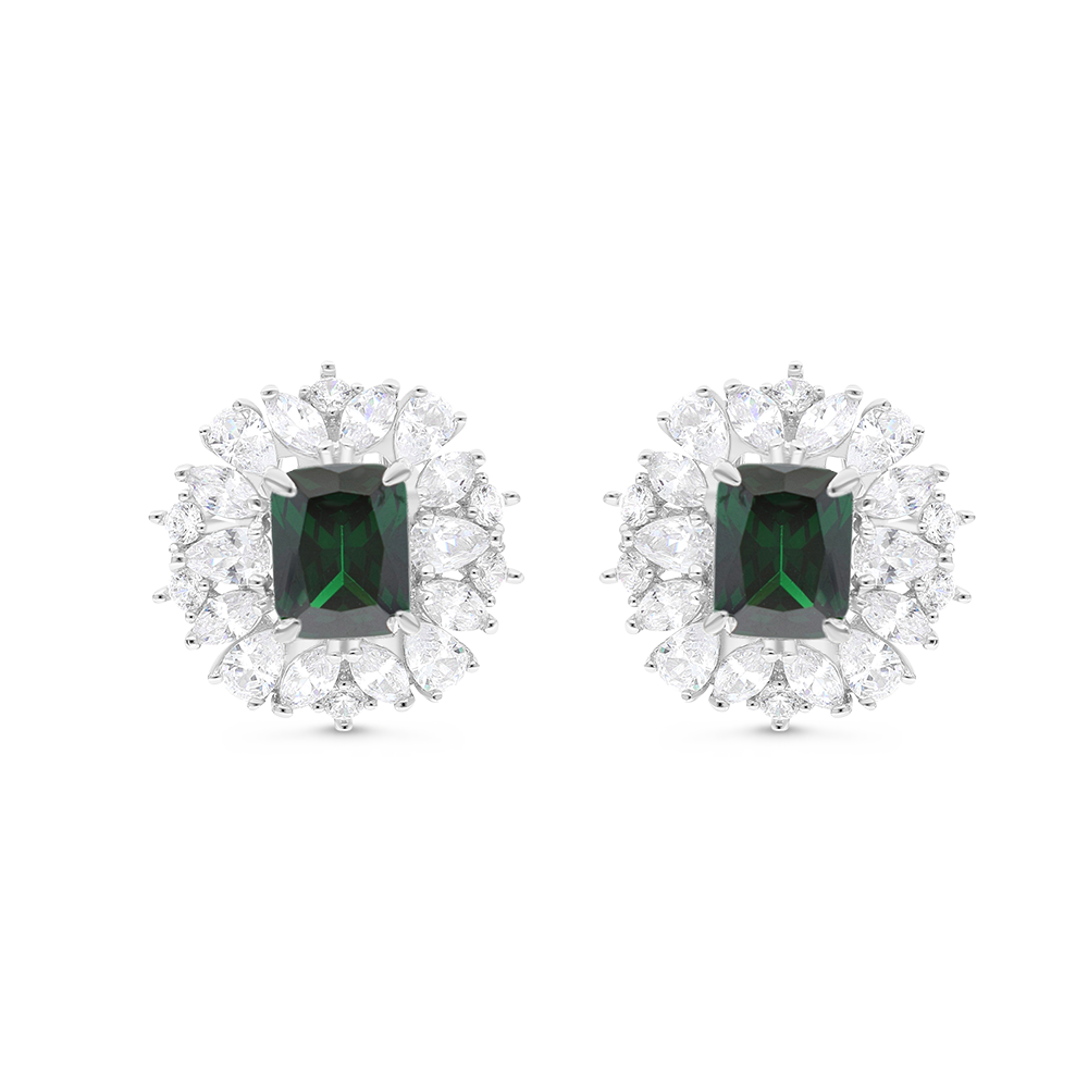 Sterling Silver 925 Earring Rhodium Plated Embedded With Emerald