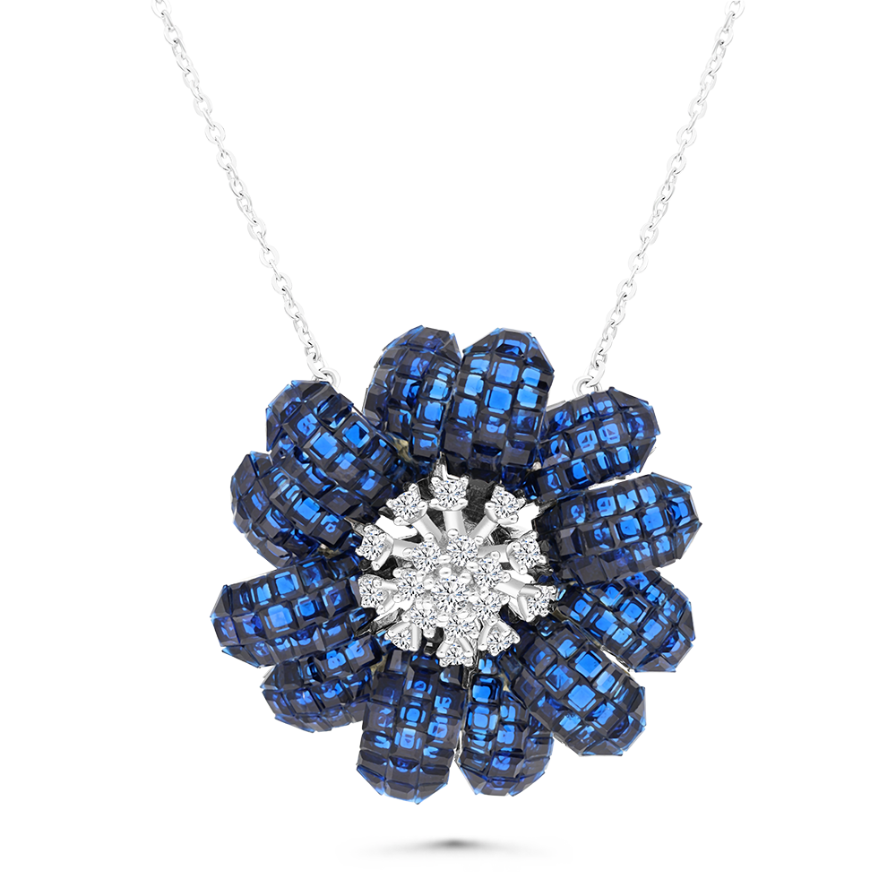 Sterling Silver 925 Necklace Rhodium Plated Embedded With Sapphire Corundum