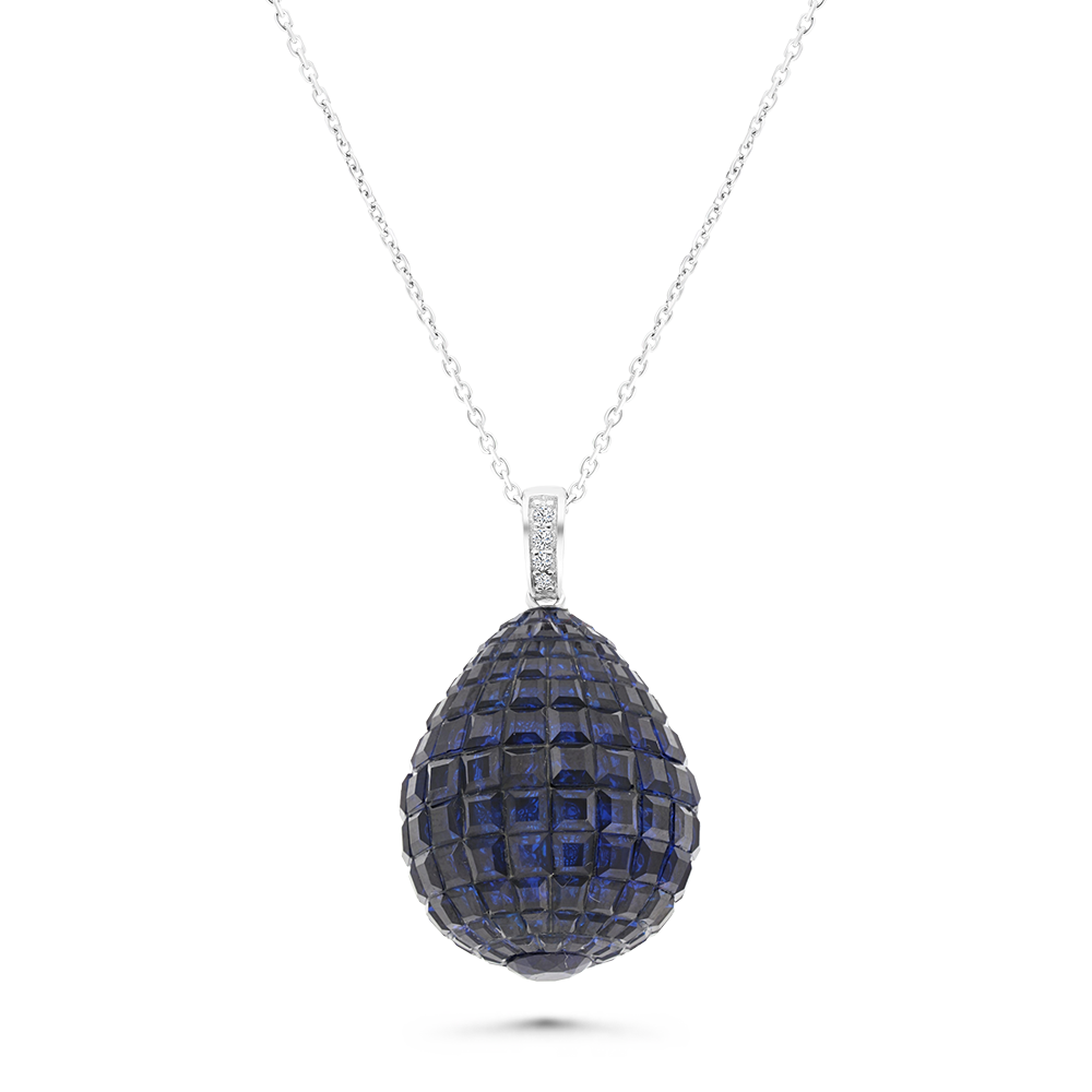 Sterling Silver 925 Necklace Rhodium Plated Embedded With Sapphire Corundum