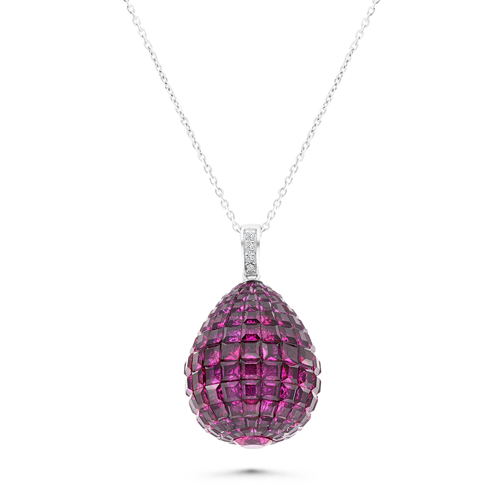 Sterling Silver 925 Necklace Rhodium Plated Embedded With Ruby Corundum