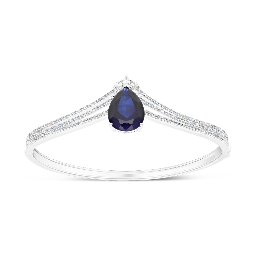 Sterling Silver 925 Bangle Rhodium Plated Embedded With Sapphire Corundum And White CZ