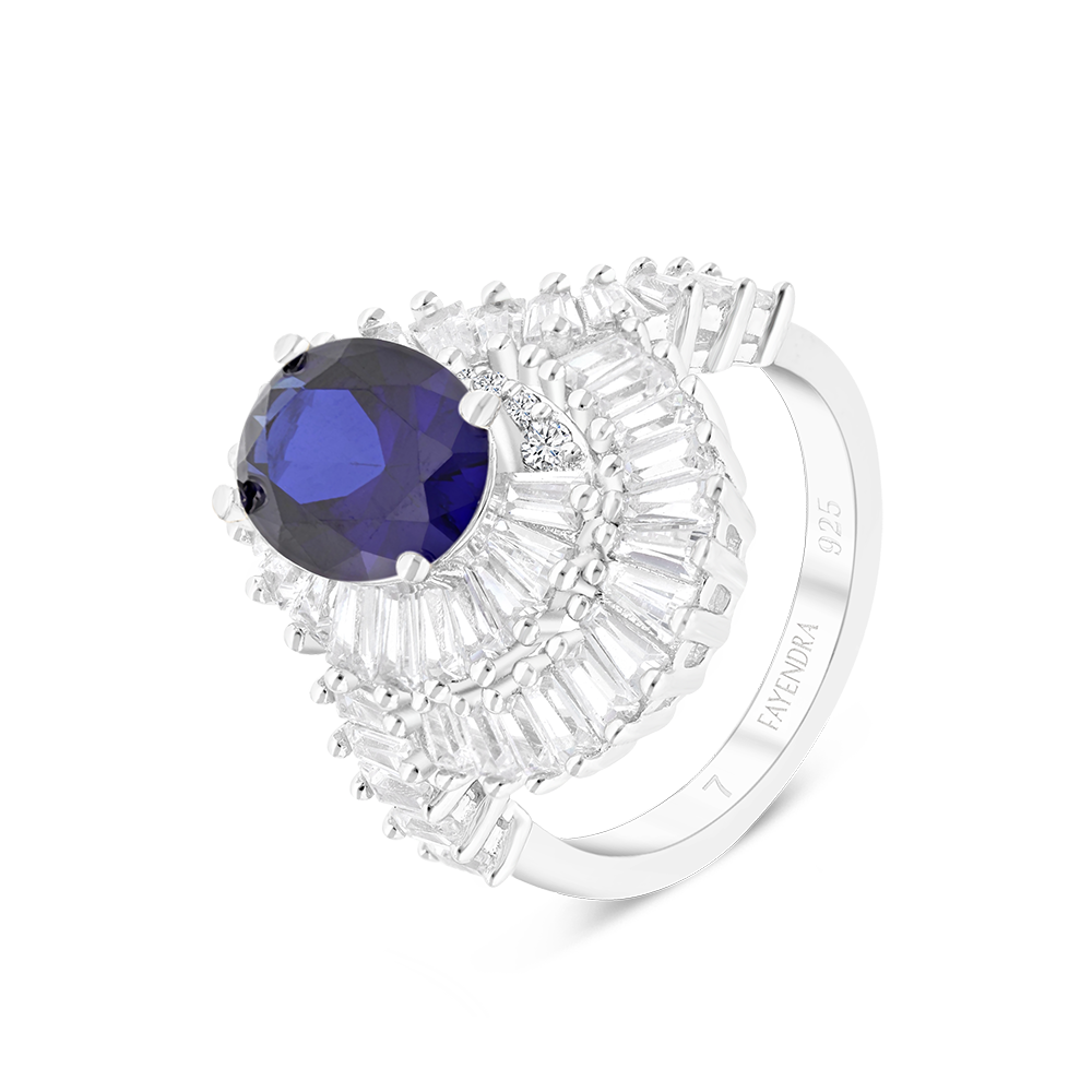 Sterling Silver 925 Ring Rhodium Plated Embedded With Sapphire Corundum