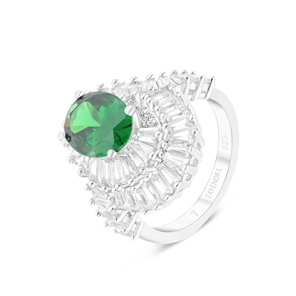 Sterling Silver 925 Ring Rhodium Plated Embedded With Emerald