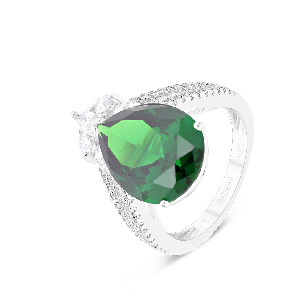 Sterling Silver 925 Ring Rhodium Plated Embedded With Emerald