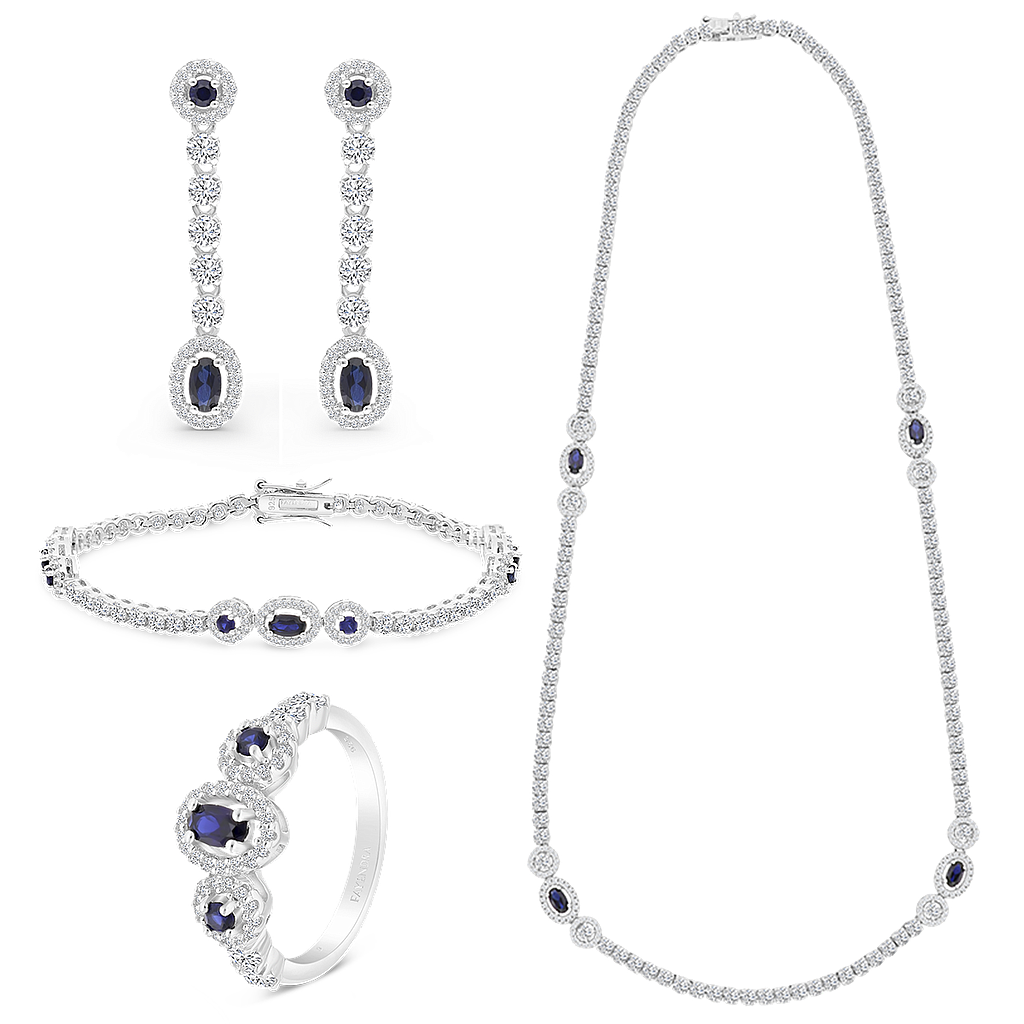 Sterling Silver 925 Set Rhodium Plated Sapphire Corundum And White CZ