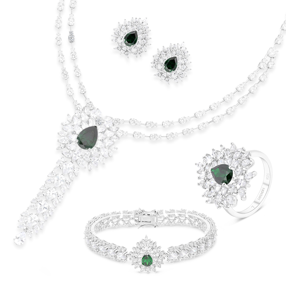 Sterling Silver 925 Set Rhodium Plated Embedded With Emerald