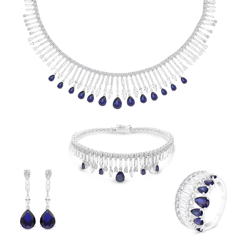 Sterling Silver 925 Set Rhodium Plated Sapphire Corundum