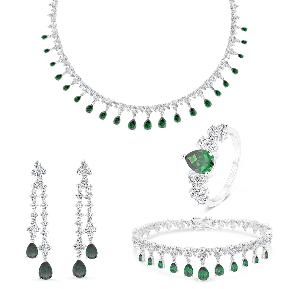 Sterling Silver 925 Set Rhodium Plated Embedded With Emerald