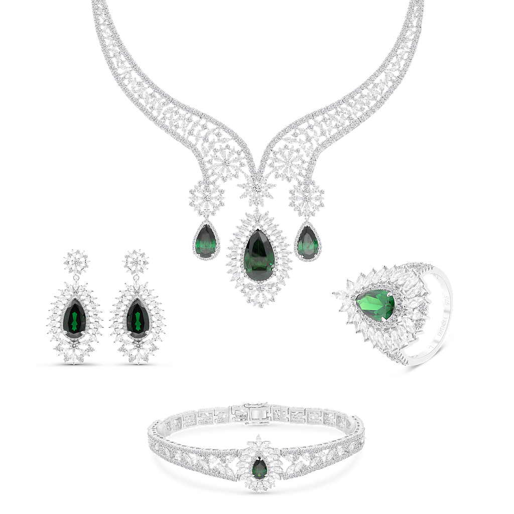 Sterling Silver 925 Set Rhodium Plated Embedded With Emerald