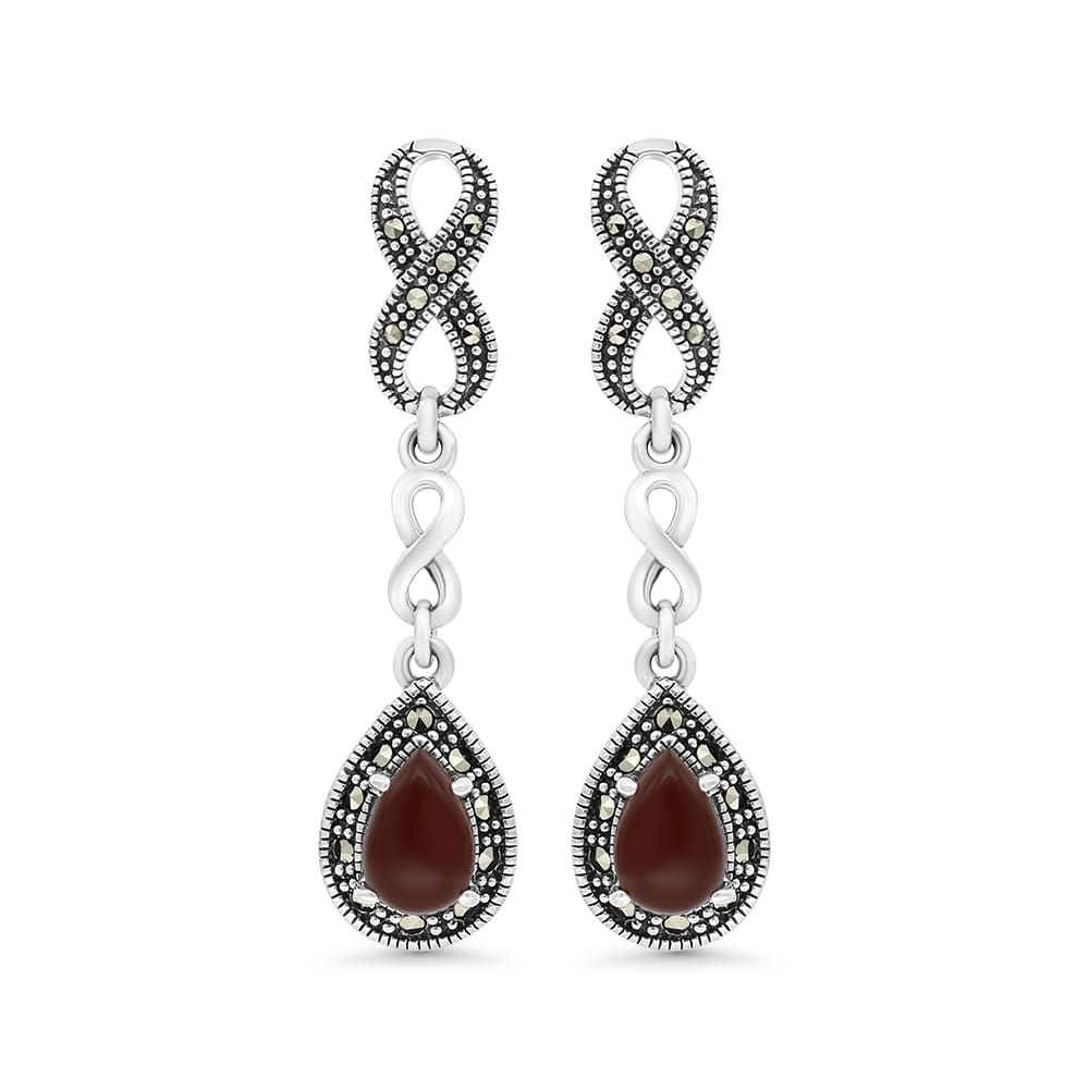 Sterling Silver 925 Earring Embedded With Natural Aqiq And Marcasite Stones