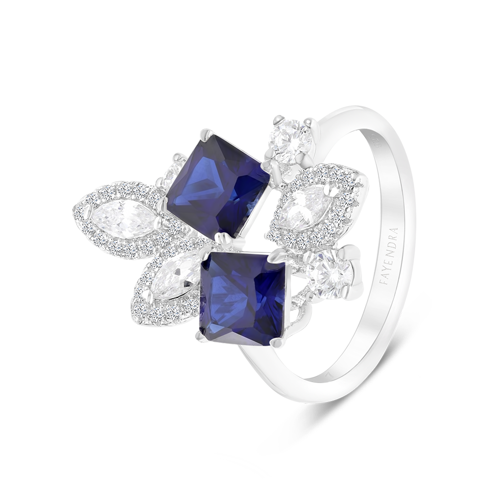 Sterling Silver 925 Ring Rhodium Plated Embedded With Sapphire Corundum