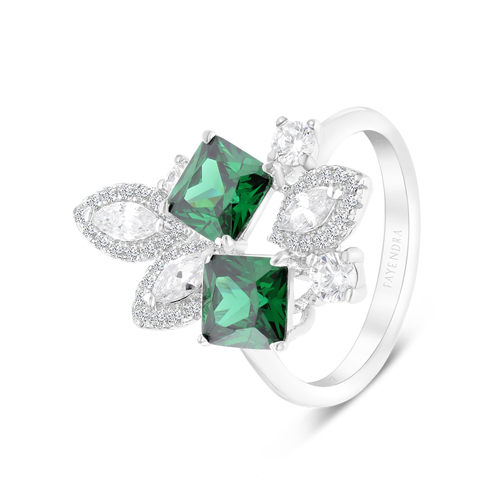 Sterling Silver 925 Ring Rhodium Plated Embedded With Emerald