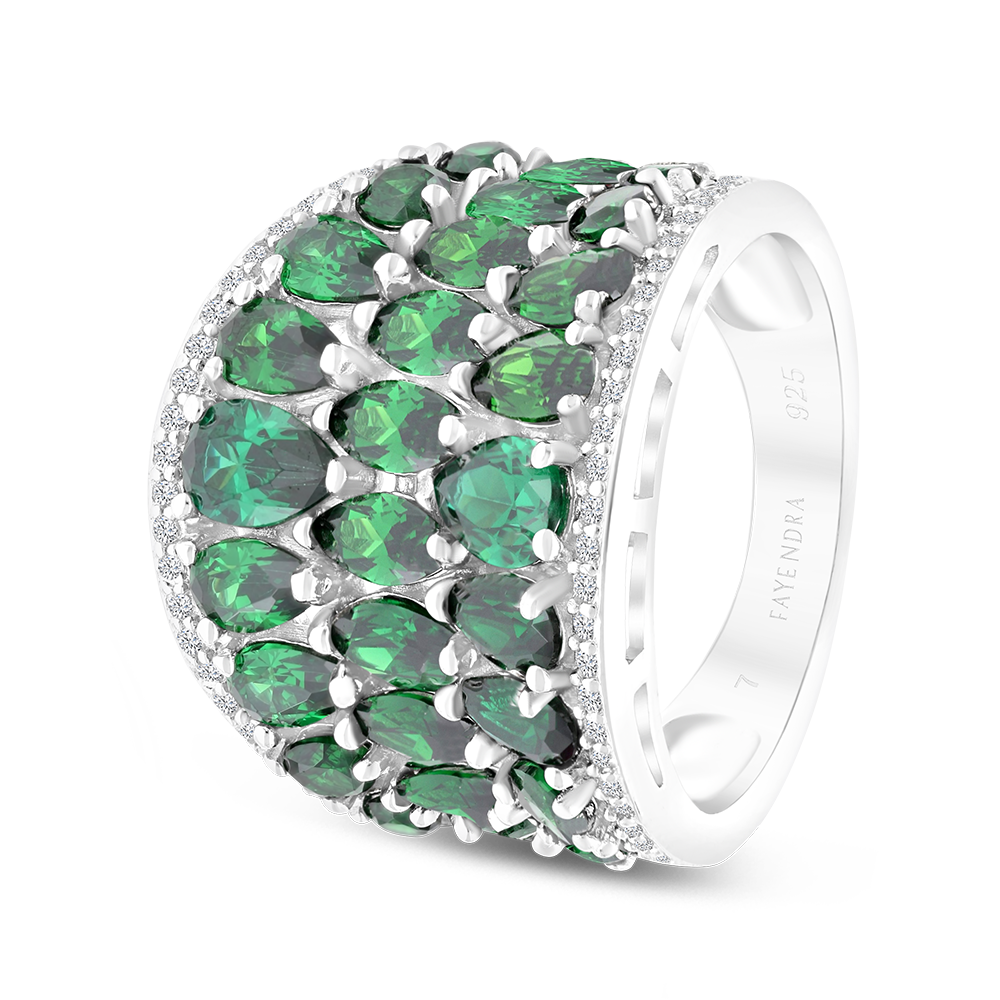 Sterling Silver 925 Ring Rhodium Plated Embedded With Emerald