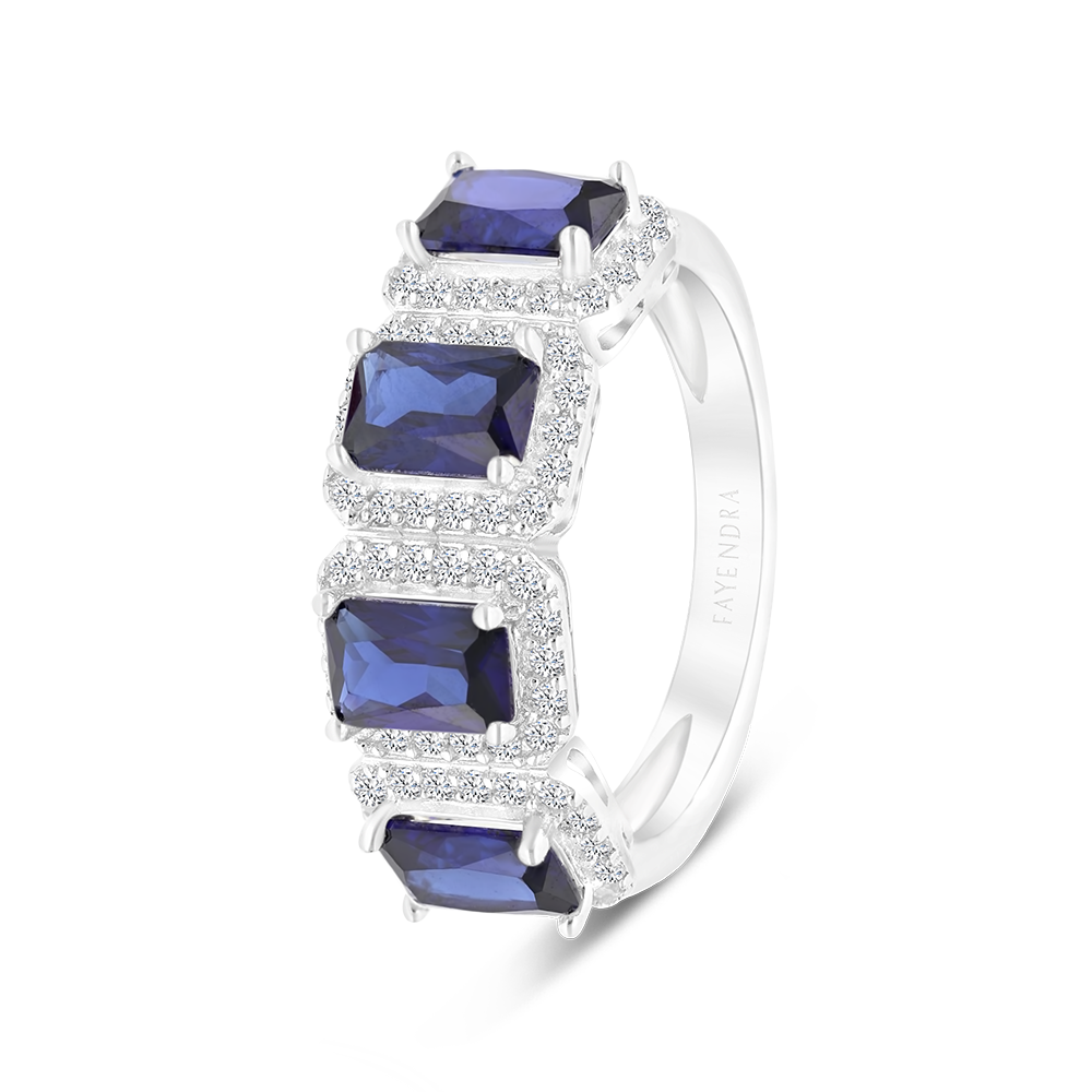 Sterling Silver 925 Ring Rhodium Plated Embedded With Sapphire Corundum