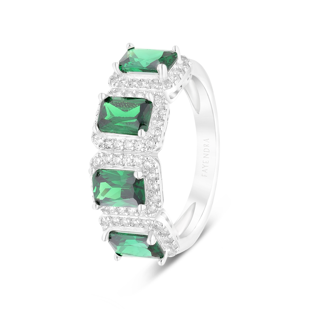 Sterling Silver 925 Ring Rhodium Plated Embedded With Emerald