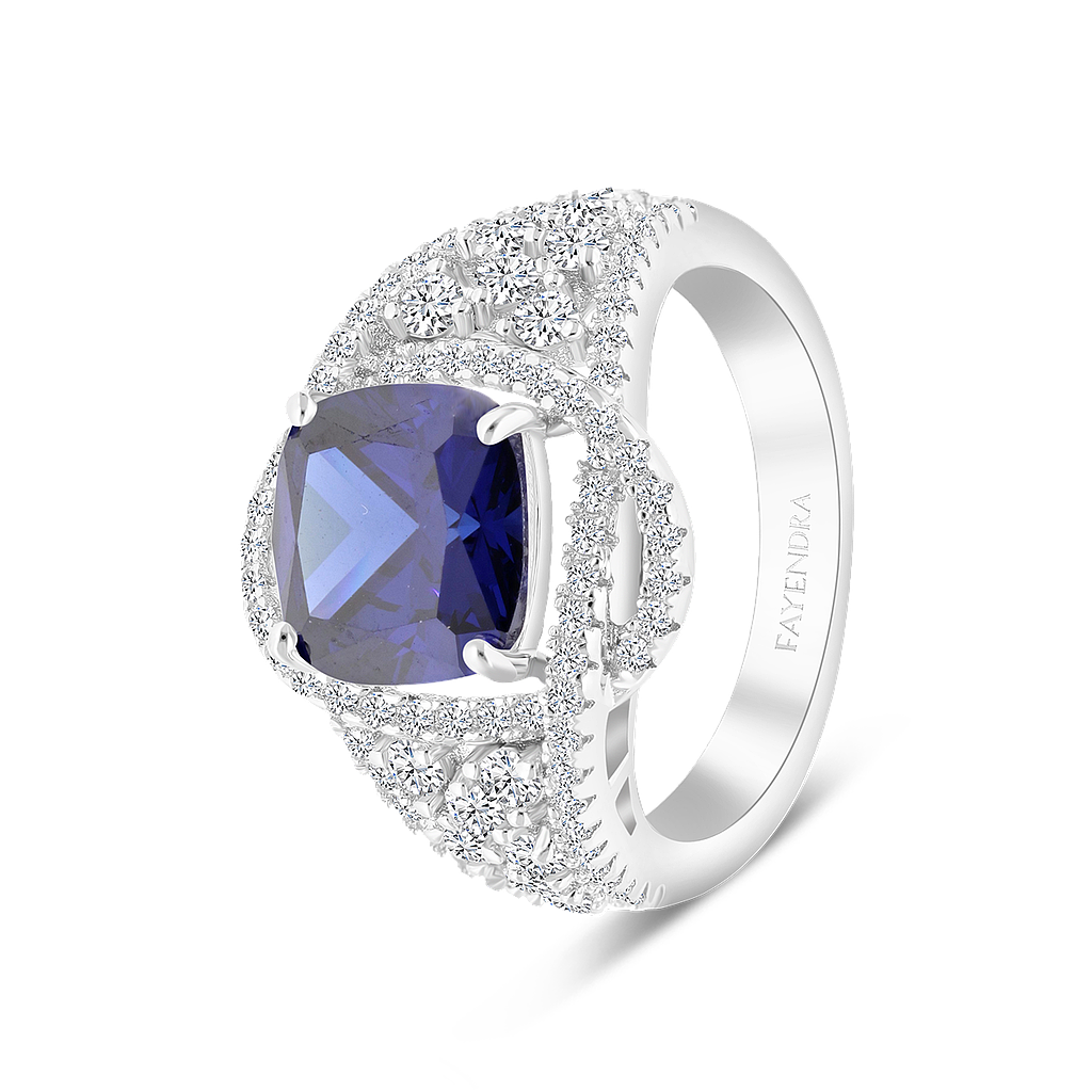 Sterling Silver 925 Ring Rhodium Plated Embedded With Sapphire Corundum 774