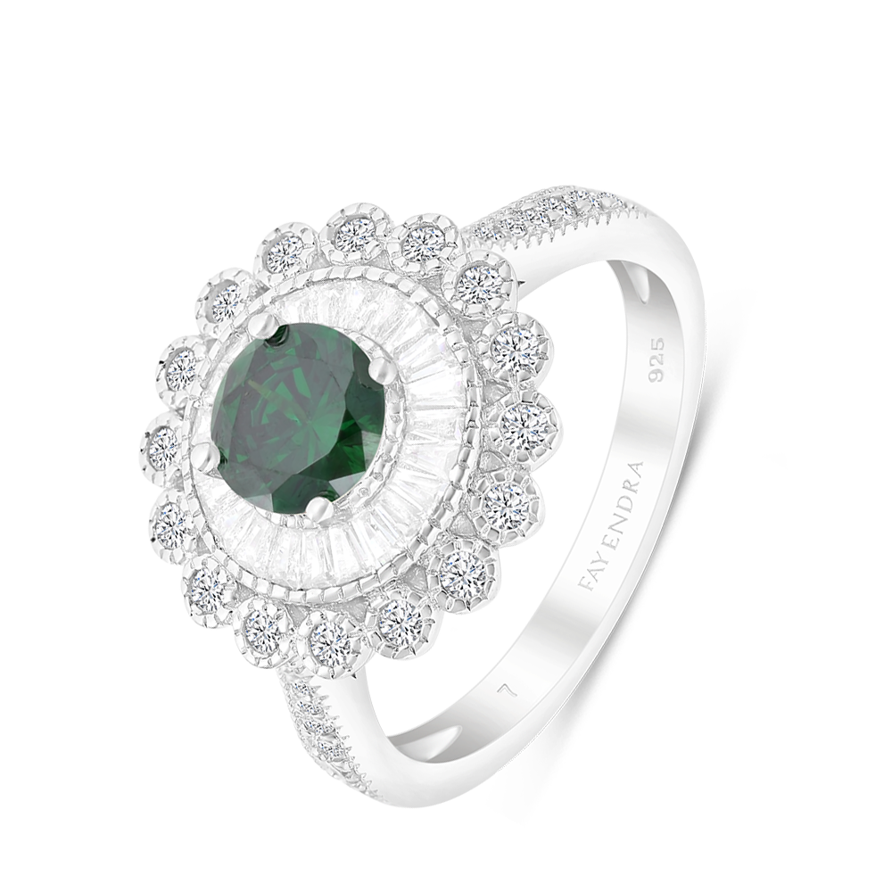 Sterling Silver 925 Ring Rhodium Plated Embedded With Emerald