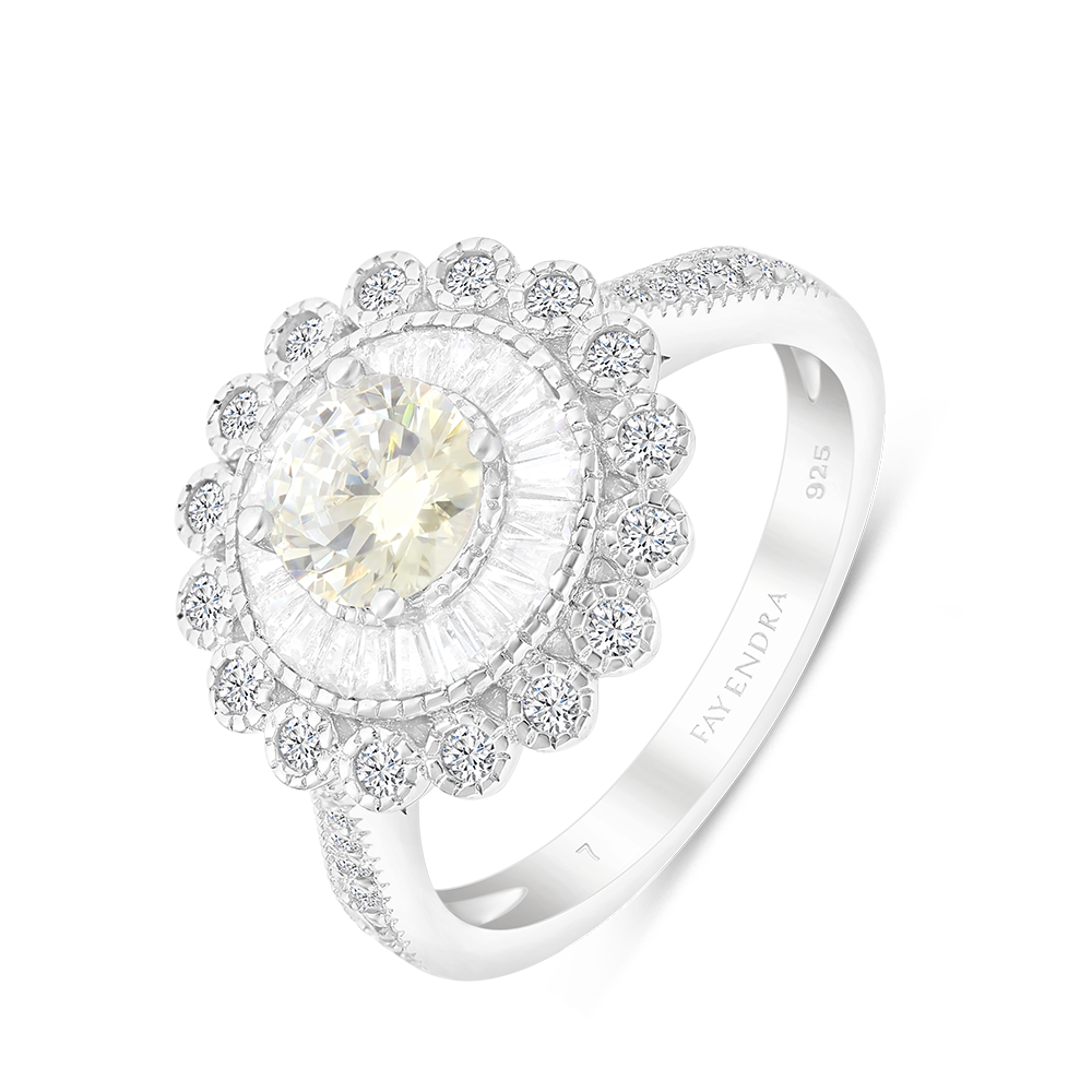 Sterling Silver 925 Ring Rhodium Plated Embedded With Yellow Zircon