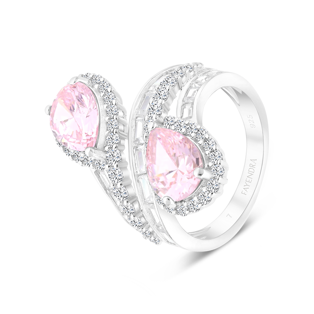 Sterling Silver 925 Ring Rhodium Plated Embedded With Pink Zircon And White CZ