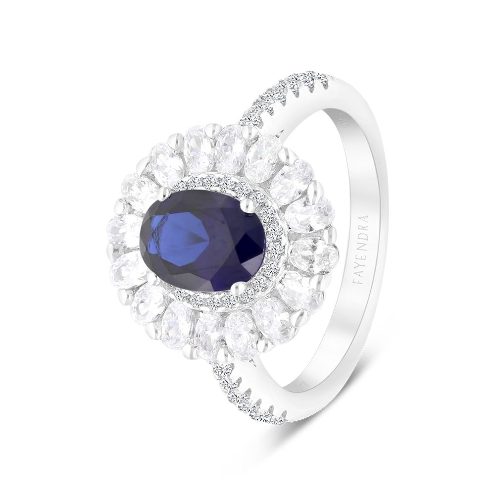 Sterling Silver 925 Ring Rhodium Plated Embedded With Sapphire Corundum