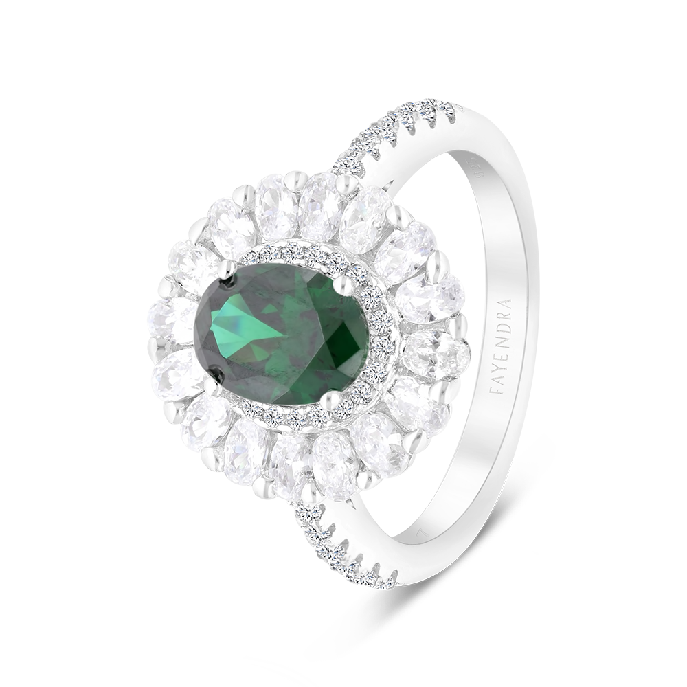 Sterling Silver 925 Ring Rhodium Plated Embedded With Emerald