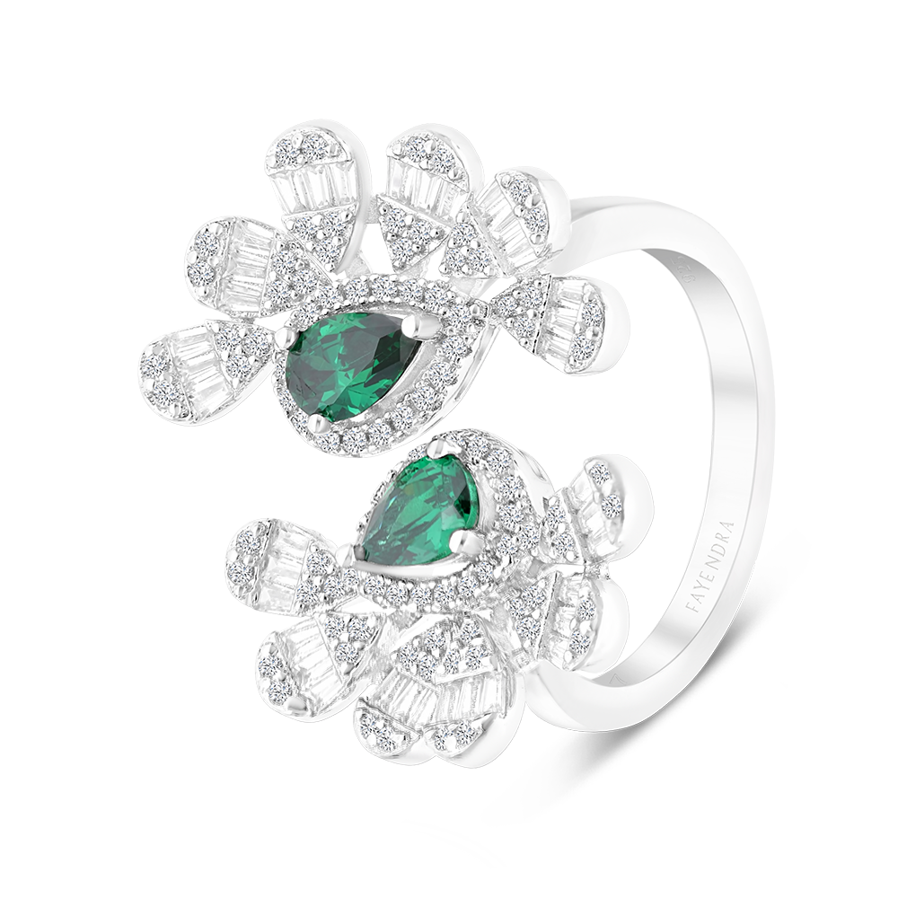 Sterling Silver 925 Ring Rhodium Plated Embedded With Emerald