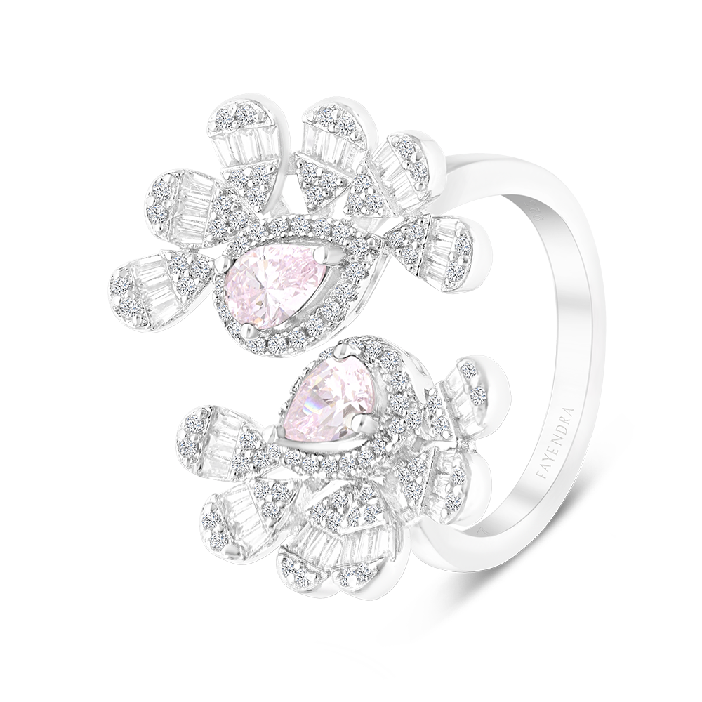 Sterling Silver 925 Ring Rhodium Plated Embedded With Pink Zircon And White CZ