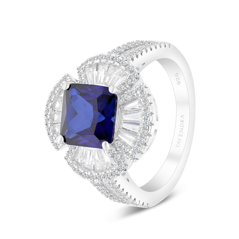 Sterling Silver 925 Ring Rhodium Plated Embedded With Sapphire Corundum