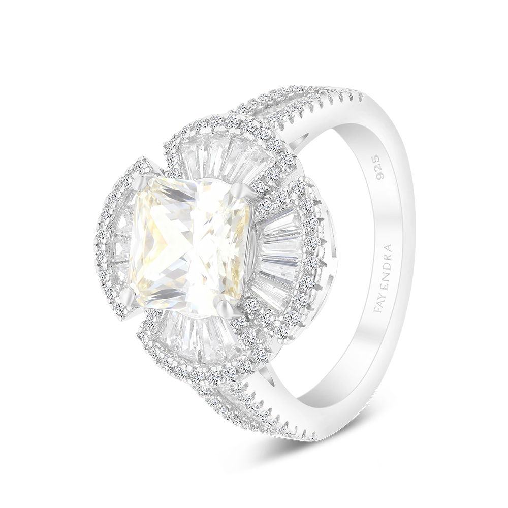 Sterling Silver 925 Ring Rhodium Plated Embedded With Yellow Zircon