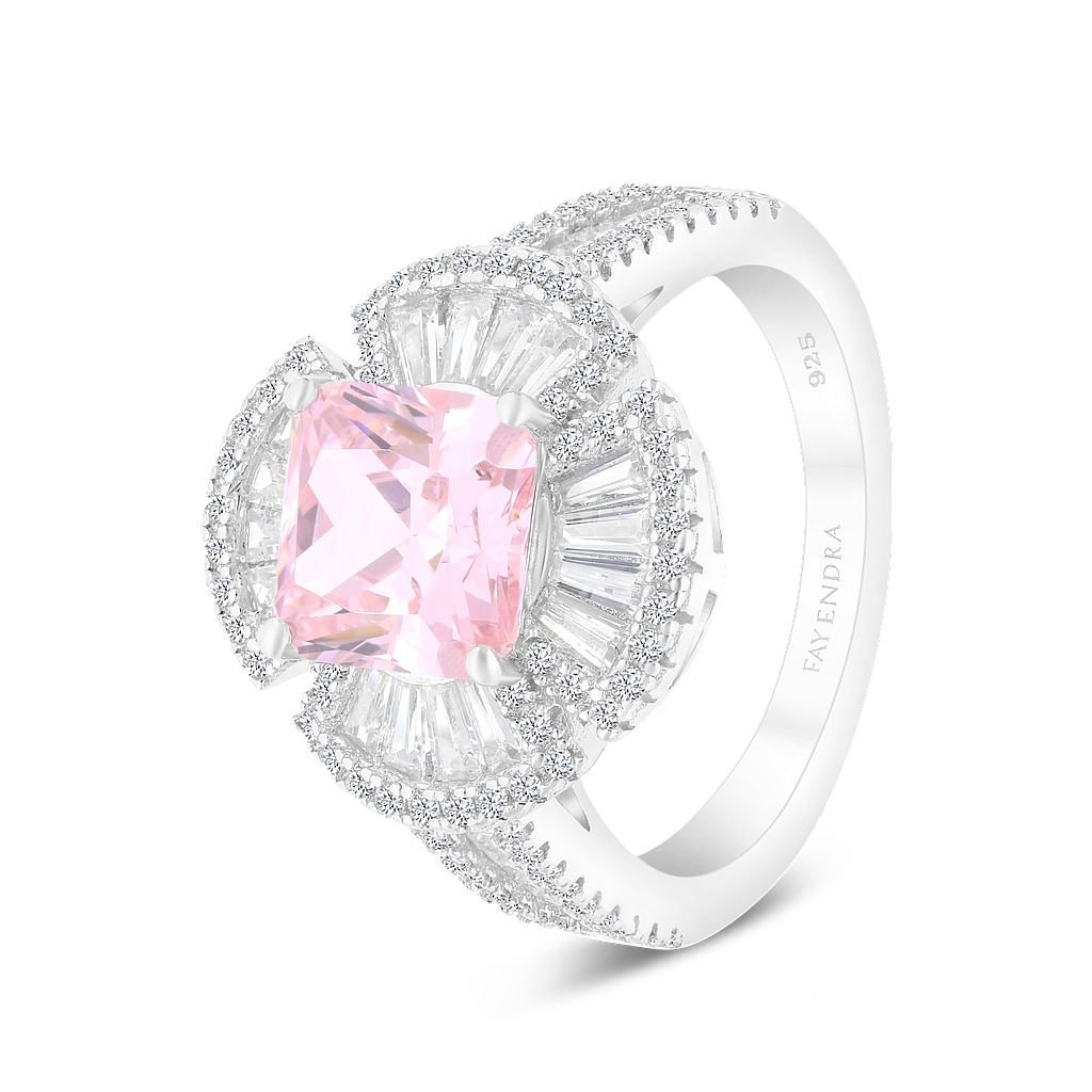 Sterling Silver 925 Ring Rhodium Plated Embedded With Pink Zircon And White CZ