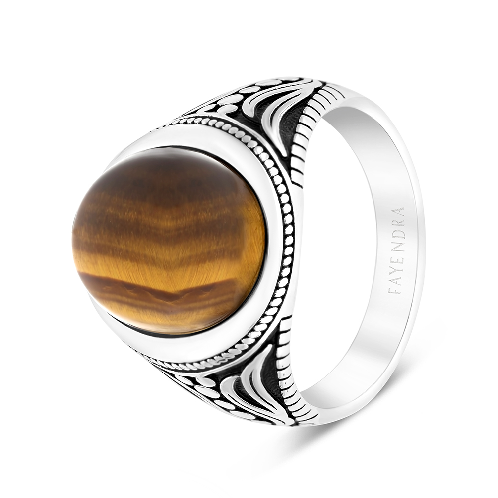 Sterling Silver 925 Ring Rhodium Plated Yellow Tiger Eye For Men