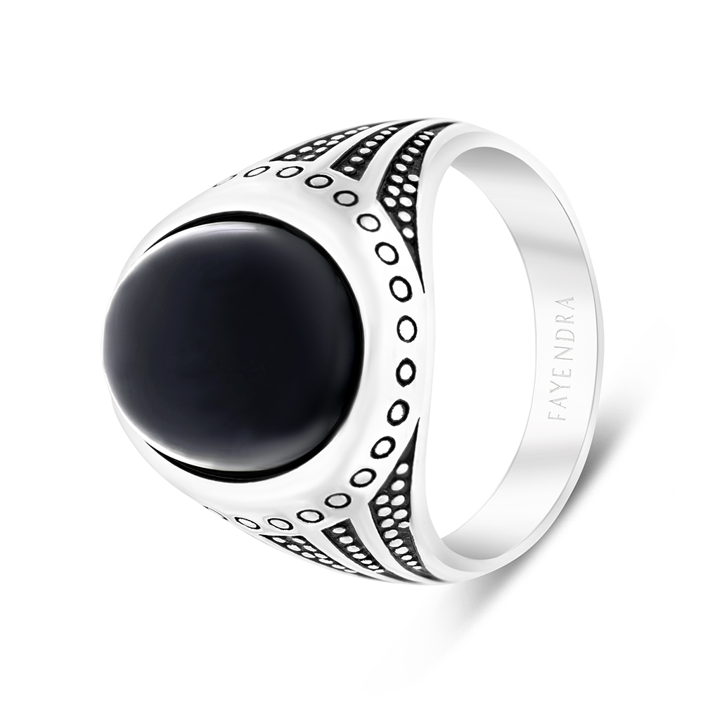 Sterling Silver 925 Ring Rhodium Plated Black Agate For Men