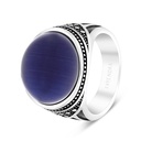 Sterling Silver 925 Ring Rhodium Plated Blue Tiger Eye For Men